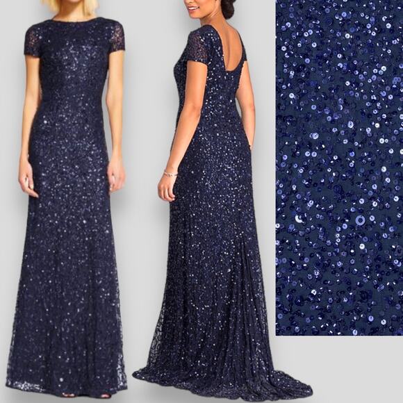 NWT BHLDN ADRIANNA PAPELL LUCENT DRESS SEQUIN BEADED BLUE LONG MAXI EVENING MESH - Picture 1 of 16